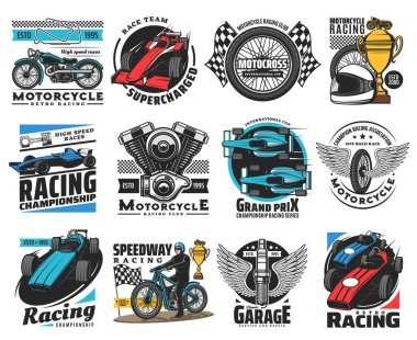 Otomobil, araba ve motor yarış sporu ikonları motosiklet, açık tekerlekli araba, kart izole semboller. Yarış bayrağı, kupa kupası, yarış kaskı ve motoru olan motokros, rali, otomobil yarış araçları