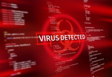 Virüs, bilgisayar ekranında uyarı mesajı tespit etti. Siber güvenlik, saldırı vektör geçmişini hacklemek. Güvenlik duvarı alarmı, internet antivirüs savunması, hesap mahremiyeti, fidye yazılımı veya kötü amaçlı yazılım tespiti