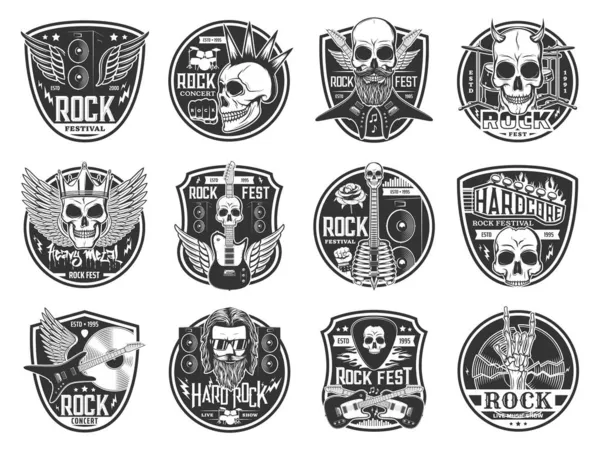 Hard Rock Heavy Metal Müzik Festivali Ikonları Zole Vektör Kafatasları — Stok Vektör