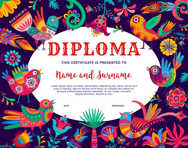 Diploma Niños Con Dibujos Animados Colibrí Mexicano Alebrije Certificado Escuela — Vector de stock