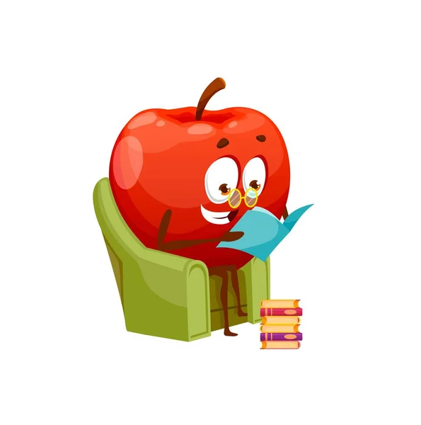 Apple Summer Fruit Character Sitting Armchair Reading Book Isolated Funny — Stock Vector