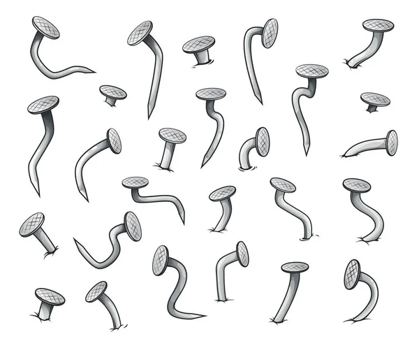 Мультфильм Изогнутые Ногти Набор Векторных Гвоздей Изолированной Стали Острые Шипы — стоковый вектор