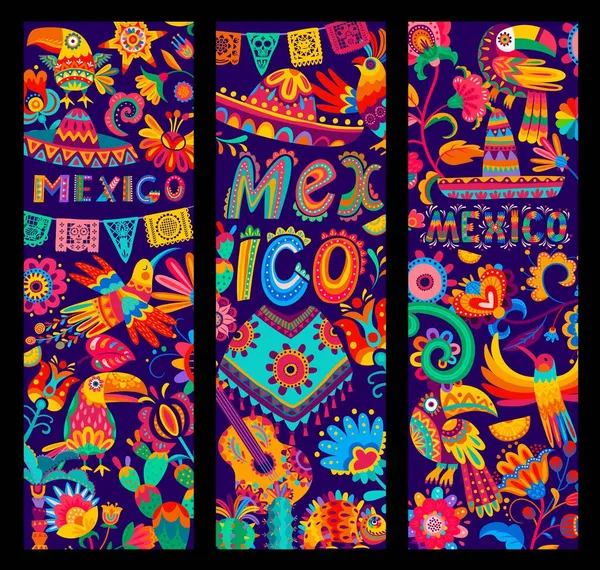 墨西哥横幅与Sombrero Poncho和吉他 鹦鹉和Toucan 花和仙人掌 墨西哥万花筒工艺艺术或墨西哥嘉年华木瓜图案 变色龙和骷髅 — 图库矢量图片