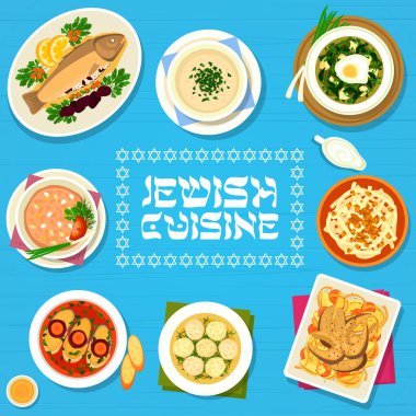 Yahudi mutfağı bulaşık pankartı. Turp balı salatası, tavuk ciğeri ezmesi ve yumurta, gefilte ve kuru erikli fırında balık, mercimek ve diz kapağı vektörlü tavuk çorbası.