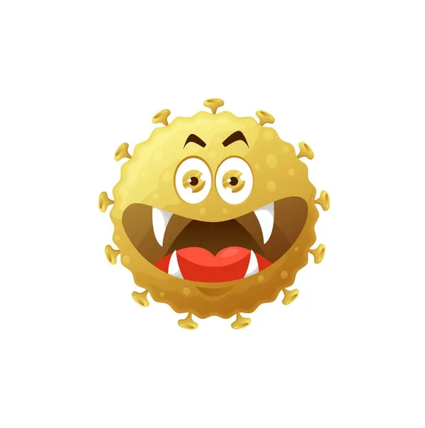 漫画のウイルスは巨大な笑顔の口と鋭い牙を持つ細胞のベクトルのアイコン 面白い細菌や生殖文字をCovid 大きな目を持つ病原微生物モンスター 長い歯を持つ単離されたコロナウイルス細胞 — ストックベクタ
