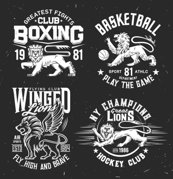 Tshirt Prints Met Leeuwen Heraldische Stijl Vector Mascottes Voor Sport — Stockvector