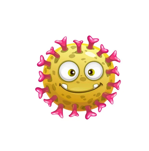 漫画のロタウイルス細胞ベクターアイコン 面白いウイルス 細菌や生殖文字の幸せな顔 大きな目で病原体微生物の怪物を笑って歯とにきびと黄色の丸細胞を隔離 — ストックベクタ
