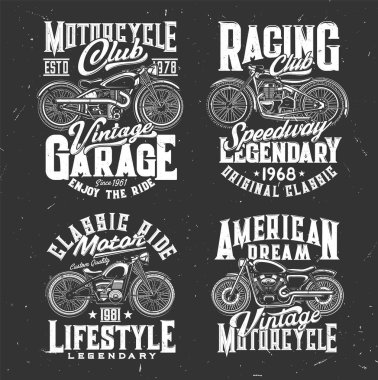 Klasik yol motosikletleri tişört baskı şablonu. Motorsporu yarışları, motosiklet kulüpleri ya da özel motosikletler Amerikan motorsikletleri ve retro tipografisi ile turlu servis garajı giysisi baskısı