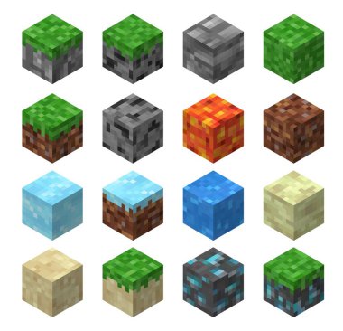 Piksel oyun blokları çimen, taş, buz ve su, kum, lav, kömür ve altın cevher vektör desenleri. Isometric video ve web oyunları evet, üç boyutlu kutular ve el sanatları malzemelerinin pikselli dokularına sahip küpler