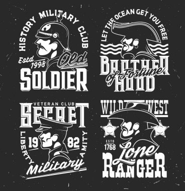 Asker, korsan ve vahşi batı korucusu vektör maskotlarının olduğu tişört izleri. Typography, monochrome t-shirt baskıları veya amblem içeren izole etiketler