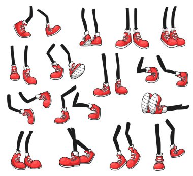 Isolated cartoon vector legs of human comic feets in red shoes. Walking, standing, running and dancing, jumping and lying comic book character legs in bright sneakers with laces vector Isolated cartoon vector legs of human comic feets in red shoes. Walking, standing, running and dancing, jumping and lying comic book character legs in bright sneakers with laces vector