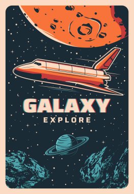 Galaksi uçuşunda uzay mekiği, kozmosun keşfi ve gezegenlerin uzay yolculuğu, vektör retro posteri. Roket mekiği ya da Dünya ve Ay 'daki kozmik uzay gemisi asteroit ve meteorların yörüngesindedir.