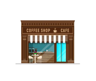 Kafe binası, ıssız bir kafe ya da restoran. Kahve evi ön cephesi veya kafeterya vektör dış görünüşü antika tenteler, yazlık teras masası ve sandalyeler, fincanlar ve kaplar ile mağaza önü
