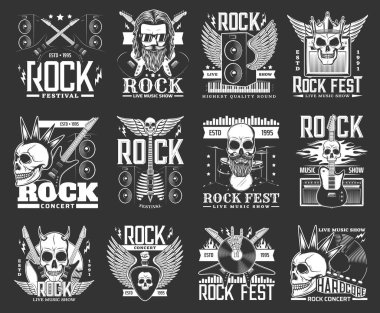 Hard rock müzik ikonları ve sembolleri. Rock müzik festivali, canlı konser ve bando performans vektörü monokrom amblemleri, gülümseyen insan kafatasları, elektro gitar ve vinil diskleri olan retro ikonlar