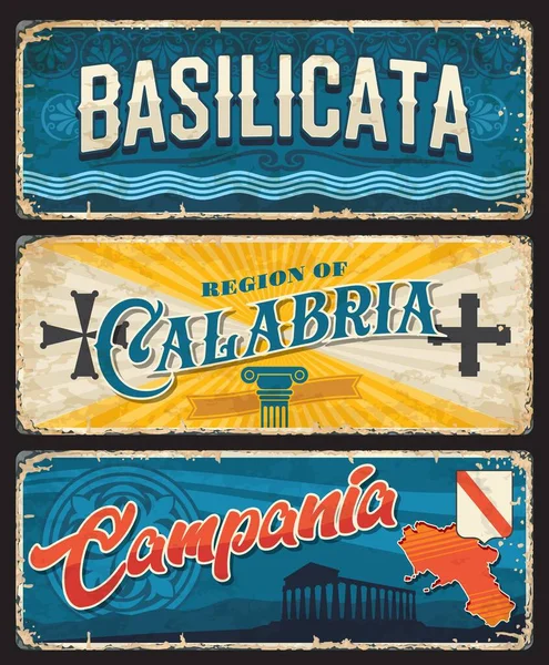 Basilicata Galabria Campania Olasz Régiók Vintage Lemezek Olaszország Úti Cél — Stock Vector