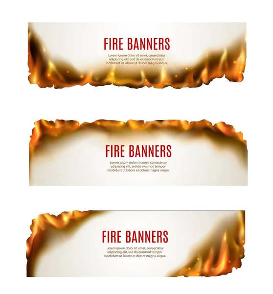 Banderas Fuego Papel Quemado Vectorial Con Bordes Chamuscados Llamas Fuego — Archivo Imágenes Vectoriales