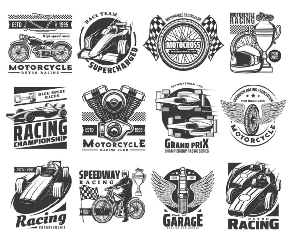 オートバイレースのアイコン 車のスポーツレースやクラブのエンブレム ベクトル エンジン 翼のホイールとグランプリの勝利カップとモーター選手権や高速道路やラリーレースやカスタムガレージの標識 — ストックベクタ