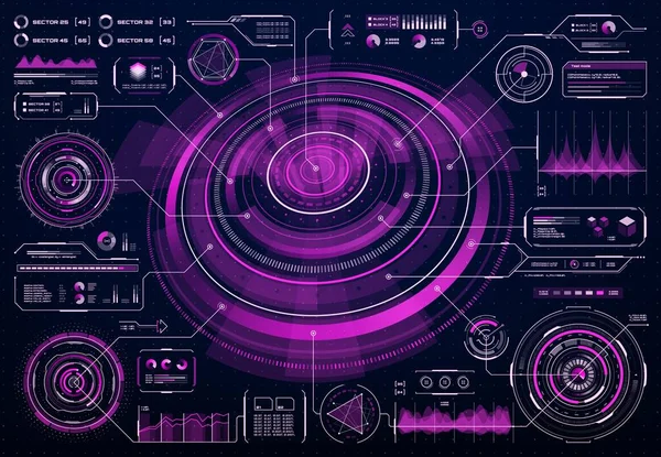 Hud Futurisztikus Lila Felhasználói Képernyő Felület Infografika Big Data Diagramok — Stock Vector