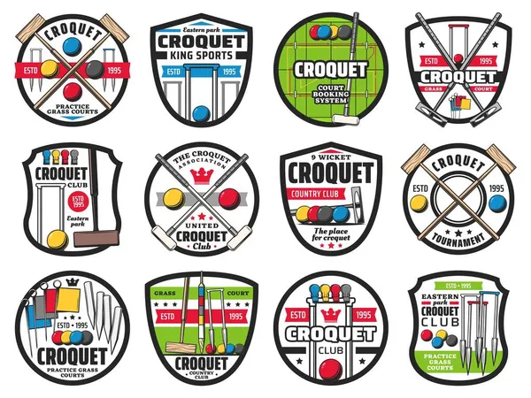 Croquet Sport Campionato Sport Club Icone Vettoriali Attrezzatura Gioco Croquet — Vettoriale Stock