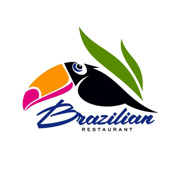 巴西美食餐厅的图标与可触摸的绿叶鸟 带有丛林奇鸟吉祥物和字体的巴西餐馆或咖啡馆菜单矢量符号或徽章 — 图库矢量图片
