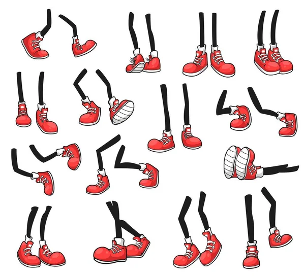 赤い靴の中に人間の漫画の足の隔離された漫画のベクトル脚 ウォーキング スタンディング ランニング ダンス ジャンプやレースで明るいスニーカーで漫画のキャラクターの足を横に — ストックベクタ