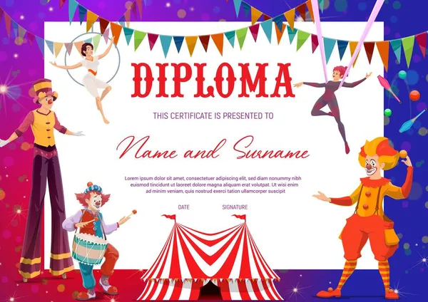 Цирк Шапито Детское Образование Диплом Клоунами Воздушными Гимнастками Векторный Сертификат — стоковый вектор