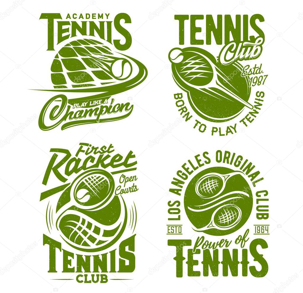 Tennis racket and ball t-shirt print vector mockups. Sport club player or competition tournament team member custom apparel template with grunge green badges of tennis sport items and letterings