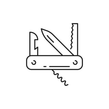 İsviçre çakısı ince çizgi simgesini izole etti. Vector ordu bıçağı, çok fonksiyonlu cep enstrümanı, vida ve açıcı ile kamp ve yürüyüş ekipmanı, küçük keşif bıçağı. Çakı çoklu aracı