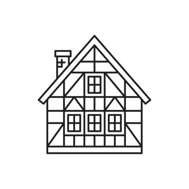 Geleneksel yarı ahşap kulübe izole edilmiş dağ dağ evi ince çizgi ikonu inşa ediyor. Vector ailesinin yazlık evi, yaşayan ya da kiralık kır evi, rezervasyon, satış ya da kira için ahşap kulübe, özet
