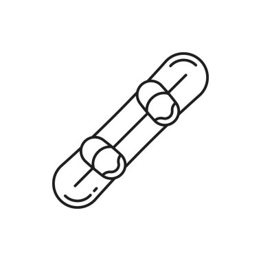 Uzun tahta ya da kaykay, İsviçre spor tahtası ince çizgi ikonu. Vector kaykay tahtası, tekerlekli güverte, ekstrem spor ekipmanları. Kaykaycı güvertesi, kaygısız kaykaycı dengesi.