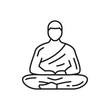 Zen izole edilmiş Budist duası Taylandlı adam ince çizgi ikonu. Vector Tibetli dindar, ruhani kutsal adam. Pelerinli keşiş nilüfer duası, Budizm dini Buda kültürü duası.