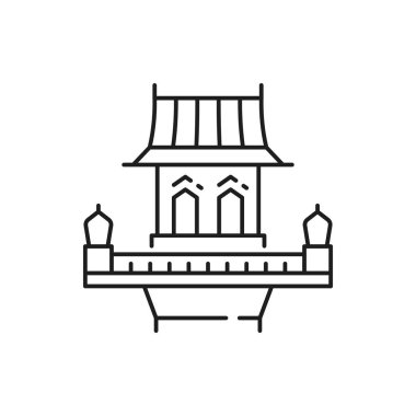 Retro Thailand binası balkonlu, ince çizgi ikonlu eski bir sokak evi. Vektör doğu simgesi, Asya yapısı, Tayland, Vietnam ya da Çin mimarisi. Pavilion Pagoda 'nın dış cephesi