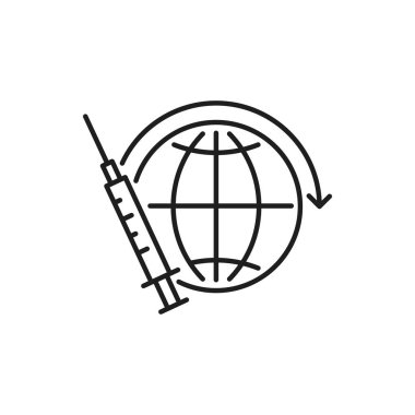 Dünya çapında koronavirüs enjeksiyonu, COVID-19 aşı uygulaması ince çizgi ikonu. Vektör sürü bağışıklığı, Coronavirüs dağılımı. Virüs patojeni içeren tıbbi şırınga, sağlık konsepti