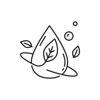 Nane aromalı bulaşık makinesi, bitkisel ince çizgi ikonuyla izole edilmiş. Vektör su sıçratma ve nane yaprağı, çamaşır ve kuru temizleme hattı tabelaları. Saflık kavramı, damlacık ve yaprak hareket halinde