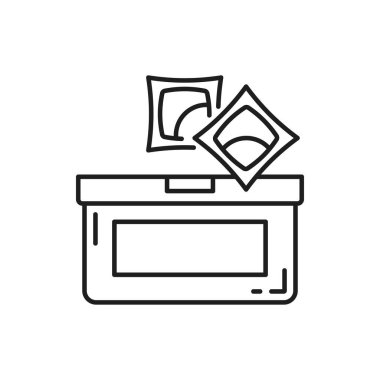 Çamaşır jeli tabletleri ya da bulaşık makinesi tabletleri izole edilmiş ince çizgi simgesi. Bulaşık deterjanı, bulaşık deterjanı, temizlik kapsülleri, konteynır ya da ambalajlı plastik kapsüller, kimyasal sabun.