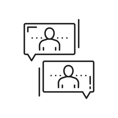 İki kişinin iletişimi ve destek merkezi çalışanı ince çizgi simgesini izole etti. İş arkadaşlarının vektör çevrimiçi sohbeti, diyalog tartışması ve iletişim, ortaklık, takım çalışması işbirliği