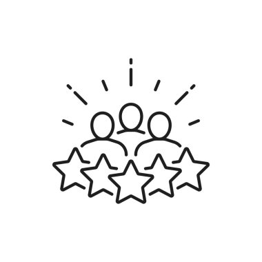 Beş yıldız oranı, iş adamları iletişim kuruyor ve izole edilmiş ince çizgi ikonu üzerinde beyin fırtınası yapıyorlar. Vektör en iyi hizmet, müşteri memnuniyeti, en iyi seçim, geri bildirim. Müşteri toplantısı, işe alım, 5 yıldızlı ödül.