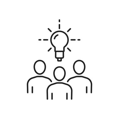 Beyin fırtınası ekibi, insanlar ve ampul ince çizgi ikonunu izole etti. Vektör başarı menajerleri takımı, yaratıcı yeni fikir. Büro personeli, yönetici veya genç iş kurumu, takım çalışması ve işbirliği