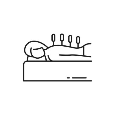 Akupunktur izole edilmiş dış hat simgesi. Vektör öğesi rahatlama ve dinlenme, kadın ya da erkek sırtına iğneler, sağlık hizmetleri. Güzellik ve güzellik, bütünleştirici tıp fiziksel, zihinsel ve duygusal durumları tedavi eder.