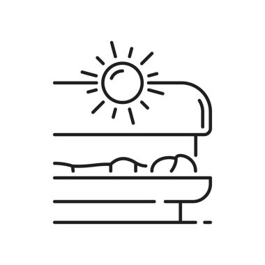 Sunroom Outline ikonundaki kaplıca bayanının bronzlaşma prosedürü. Vektör kadın cildinde bronzlaşıyor, solaryumda profesyonel tedavi görüyor. Yalan söyleyen ve bronzlaşan bir kız, ultraviyole lambalı ekipmanlar.