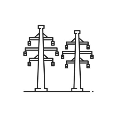 Yapılar, kafes kulesi ve tepedeki güç hattı izole edilmiş ana hat simgesi. Güç hattını desteklemek için vektör elektrik pilonu yapısı, çelik kafes kulesi. Üç aşamalı iletim kuleleri güç hatları