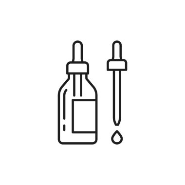 Damlatan izole edilmiş taslak ikonlu kolajen serumu. İnce çizgi reklam şablonu, esans yağlı cam damlacık şişesi, yaşlanma önleyici nemlendirici cilt bakımı. Spa, güzellik ve sağlık