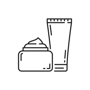 Güzellik kozmetik krem şişeleri, kaplıca cilt bakım ürünleri izole edilmiş ince çizgi simgeleri. Tüpte vektör losyonu ve nemlendirici, esans duş jeli, paketlerdeki casus hijyen ürünleri.