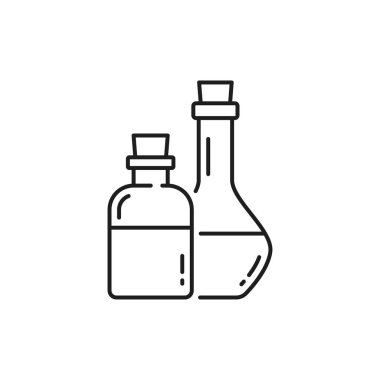 Güzellik kozmetik şişeleri, spa cilt bakım ürünleri izole edilmiş ana hatlar. Ahşap mantarlı vektör hattı sanat kavanozları, cilt sağlığı hizmetleri ve masaj ürünleri serisi sanat modelleri. Hyaluronic veya esans yağları