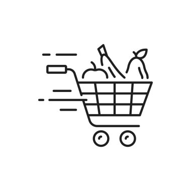 Shopping trolley push cart with grocery products, fast online order and delivery isolated outline icon. Vector retail basket, buyers bag linear sign. Online deliver shoppingcart pushcart with food clipart