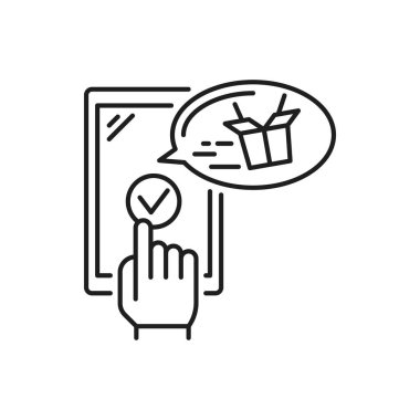 Ekspres öğle yemeği teslimatı, akıllı telefondaki mobil uygulama çevrimiçi siparişler için izole edilmiş taslak resim simgesi. Vector paket servis yemeği, kafe restoranı siparişleri, fast food teslimat hizmetleri.