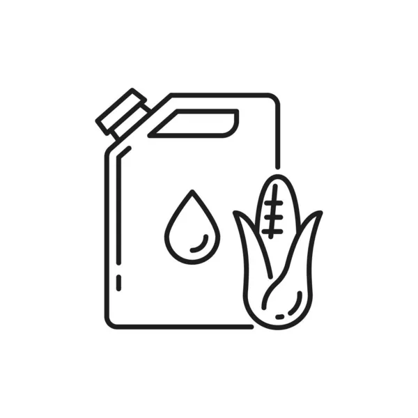 キャニスター中のバイオ燃料バイオマスは 細い線のアイコンを単離した トウモロコシとトウモロコシ 代替環境に優しい燃料で作られたベクトルエタノール 緑のエネルギー 石油記号を持つユダヤ人 ガロンと野菜の化石 — ストックベクタ