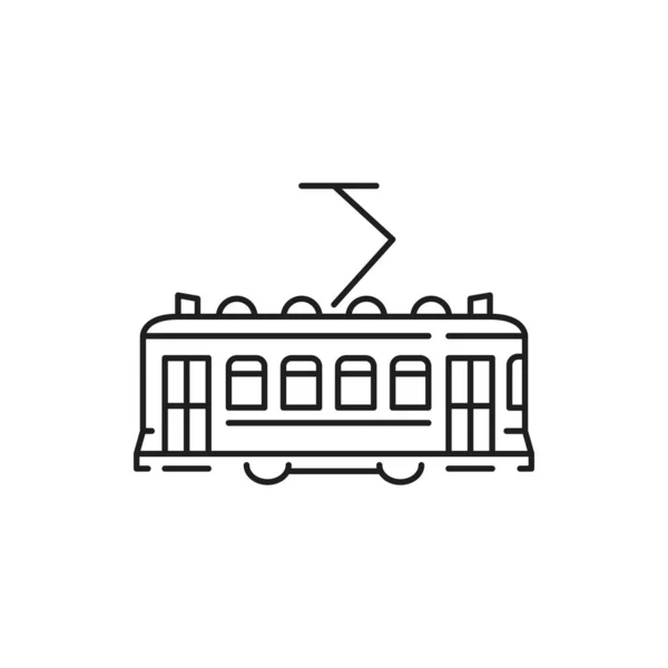 トラムはリスボン市内のトロリー公共交通機関を細い線のアイコンで隔てた ベクトルレトロポルトガルトルコ列車 人々の輸送サービス 都市トロリーバスの設計要素 路面電車快速トロリー — ストックベクタ
