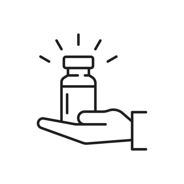 薬の丸薬で手を保持ボトルは 細い線のアイコンを隔離 ベクトル薬 予防接種の概念 薬物治療 抗ウイルス薬 コロナウイルス保護 — ストックベクタ