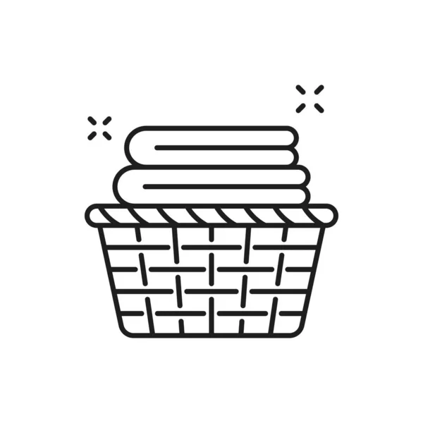 有毛巾的洗衣篮孤立的细线图标 病媒堆叠的折叠和滚动的布 用于洗涤和清洁 柳条篮与干净的棉布毛巾 温泉和浴室用品 卫生用品 — 图库矢量图片